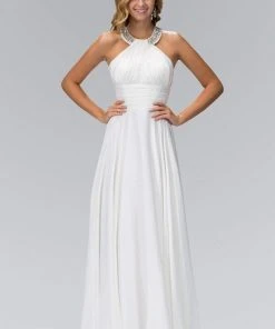 Elizabeth K - GL1013 Beaded Halter Empire Charmeuse Long Dress