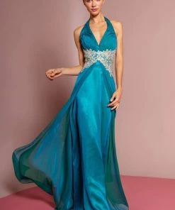 Elizabeth K - GL1046 Embellished Ruched Halter Neck Chiffon Dress 24 Elizabeth K - GL1046 Embellished Ruched Halter Neck Chiffon Dress