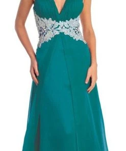 Elizabeth K - GL1046 Embellished Ruched Halter Neck Chiffon Dress