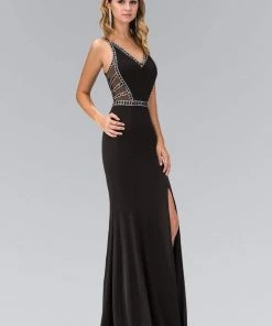 Elizabeth K - GL1359 V-Neck Jersey Sheath Gown With Slit