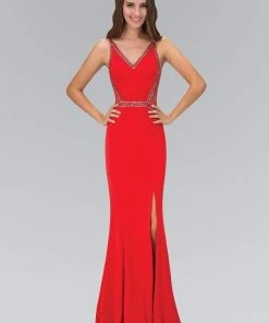 Elizabeth K - GL1359 V-Neck Jersey Sheath Gown With Slit 8 Elizabeth K - GL1359 V-Neck Jersey Sheath Gown With Slit