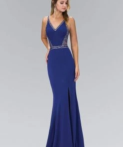 Elizabeth K - GL1359 V-Neck Jersey Sheath Gown With Slit 9 Elizabeth K - GL1359 V-Neck Jersey Sheath Gown With Slit
