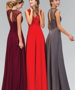 Elizabeth K - GL1376 Laced And Ruched V-Neck Chiffon Dress