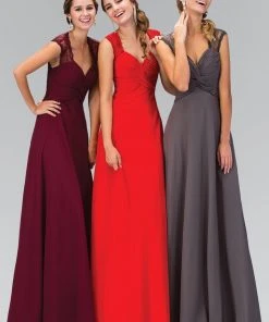 Elizabeth K - GL1376 Laced And Ruched V-Neck Chiffon Dress