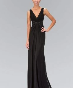 Elizabeth K - GL1377 Embellished Ruched V-Neck A-line Dress 11 Elizabeth K - GL1377 Embellished Ruched V-Neck A-line Dress