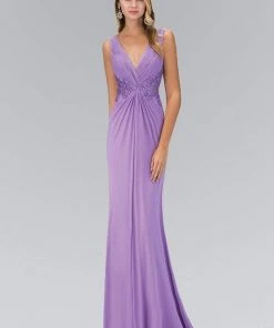 Elizabeth K - GL1377 Embellished Ruched V-Neck A-line Dress