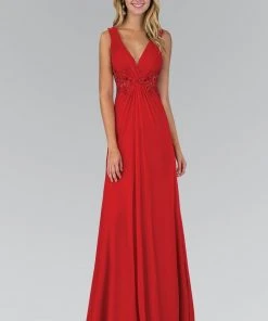 Elizabeth K - GL1377 Embellished Ruched V-Neck A-line Dress 12 Elizabeth K - GL1377 Embellished Ruched V-Neck A-line Dress