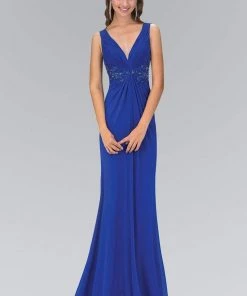 Elizabeth K - GL1377 Embellished Ruched V-Neck A-line Dress 13 Elizabeth K - GL1377 Embellished Ruched V-Neck A-line Dress