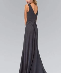 Elizabeth K - GL1389 Jewel-Accented Pleated V-Neck Chiffon Dress