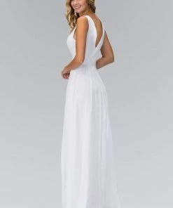 Elizabeth K - GL1389 Jewel-Accented Pleated V-Neck Chiffon Dress