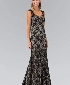 Elizabeth K - GL1396 Long Contrast Lace Sheath Gown