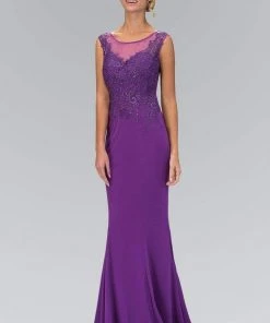 Elizabeth K - GL1411 Laced Bateau Neck Jersey Gown