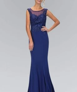 Elizabeth K - GL1411 Laced Bateau Neck Jersey Gown 6 Elizabeth K - GL1411 Laced Bateau Neck Jersey Gown