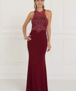 Elizabeth K - GL1507 Illusion Tonal Beaded Jersey Sheath Gown