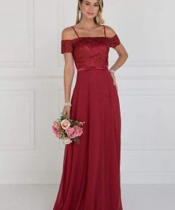 Elizabeth K - GL1521 Off Shoulder Lace Bodice Chiffon A-Line Gown