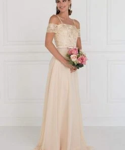 Elizabeth K - GL1521 Off Shoulder Lace Bodice Chiffon A-Line Gown