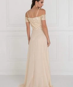 Elizabeth K - GL1521 Off Shoulder Lace Bodice Chiffon A-Line Gown