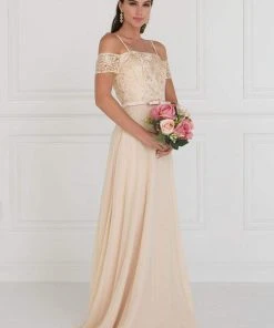 Elizabeth K - GL1521 Off Shoulder Lace Bodice Chiffon A-Line Gown