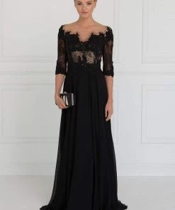 Elizabeth K - GL1528 Quarter Sleeve Jewel Adorned Illusion Lace Gown 9 Elizabeth K - GL1528 Quarter Sleeve Jewel Adorned Illusion Lace Gown