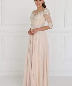 Elizabeth K - GL1528 Quarter Sleeve Jewel Adorned Illusion Lace Gown 8 Elizabeth K - GL1528 Quarter Sleeve Jewel Adorned Illusion Lace Gown