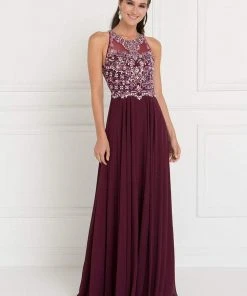 Elizabeth K - GL1564 Bedazzled Illusion Halter Chiffon A-line Dress