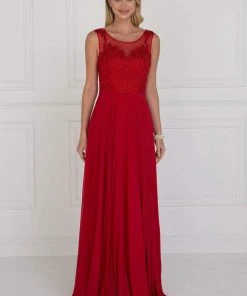 Elizabeth K - GL1569 Embroidered Illusion Scoop Chiffon A-line Dress