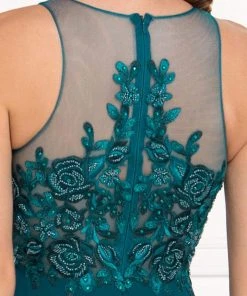 Elizabeth K - GL1570 Embroidered Illusion Halter Chiffon A-line Dress