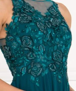 Elizabeth K - GL1570 Embroidered Illusion Halter Chiffon A-line Dress