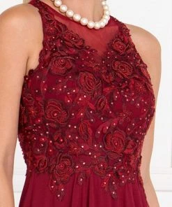 Elizabeth K - GL1570 Embroidered Illusion Halter Chiffon A-line Dress