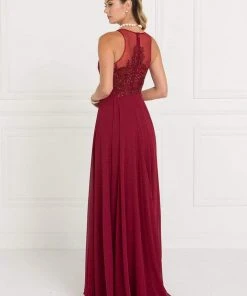 Elizabeth K - GL1570 Embroidered Illusion Halter Chiffon A-line Dress
