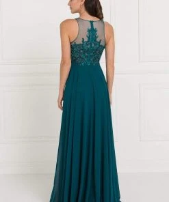 Elizabeth K - GL1570 Embroidered Illusion Halter Chiffon A-line Dress