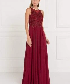 Elizabeth K - GL1570 Embroidered Illusion Halter Chiffon A-line Dress