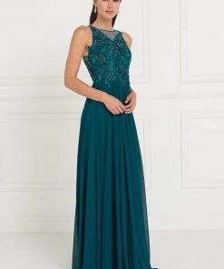 Elizabeth K - GL1570 Embroidered Illusion Halter Chiffon A-line Dress
