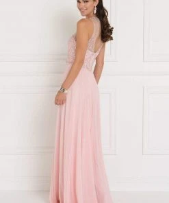 Elizabeth K - GL1572 Embellished Illusion Jewel Chiffon A-line Dress