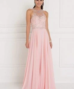 Elizabeth K - GL1572 Embellished Illusion Jewel Chiffon A-line Dress