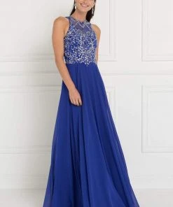 Elizabeth K - GL1572 Embellished Illusion Jewel Chiffon A-line Dress