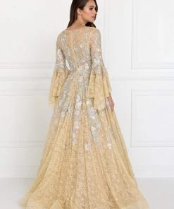 Elizabeth K - GL1592 Flounce Sleeve Floral Embroidered Lace Ballgown