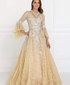 Elizabeth K - GL1592 Flounce Sleeve Floral Embroidered Lace Ballgown