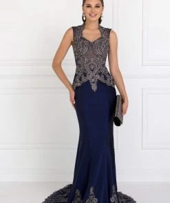 Elizabeth K - GL1598 Metallic Embroidered Queen Anne Trumpet Dress