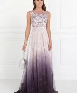 Elizabeth K - GL1599 Cap Sleeve Ombre Floral Appliqued A-Line Gown