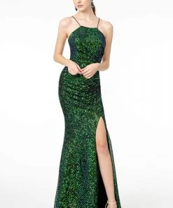 Elizabeth K - GL1812 Sequined Halter Trumpet Dress With Train