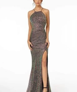 Elizabeth K - GL1812 Sequined Halter Trumpet Dress With Train