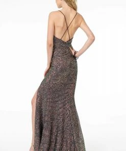 Elizabeth K - GL1813 Sequin Ruched V-Neck Dress With Slit