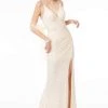 Elizabeth K - GL1814 Ruched Plunging V-Neck Gown With Slit