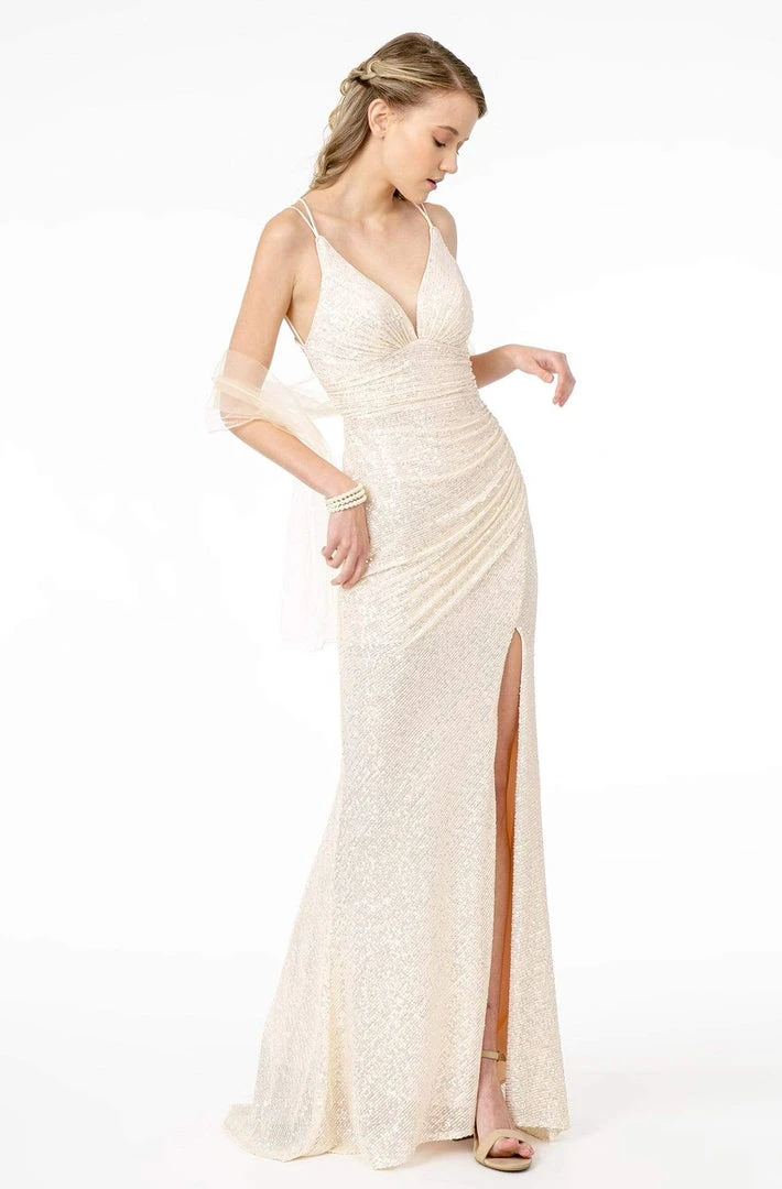 Elizabeth K - GL1814 Ruched Plunging V-Neck Gown With Slit 3 Elizabeth K - GL1814 Ruched Plunging V-Neck Gown With Slit