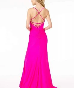 Elizabeth K - GL1816 Ruched-Adorned High Slit Trumpet Dress