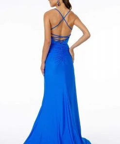 Elizabeth K - GL1816 Ruched-Adorned High Slit Trumpet Dress