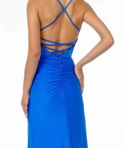 Elizabeth K - GL1816 Ruched-Adorned High Slit Trumpet Dress