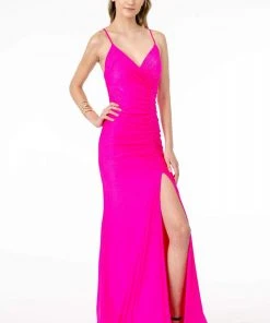 Elizabeth K - GL1816 Ruched-Adorned High Slit Trumpet Dress