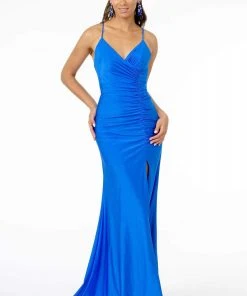 Elizabeth K - GL1816 Ruched-Adorned High Slit Trumpet Dress